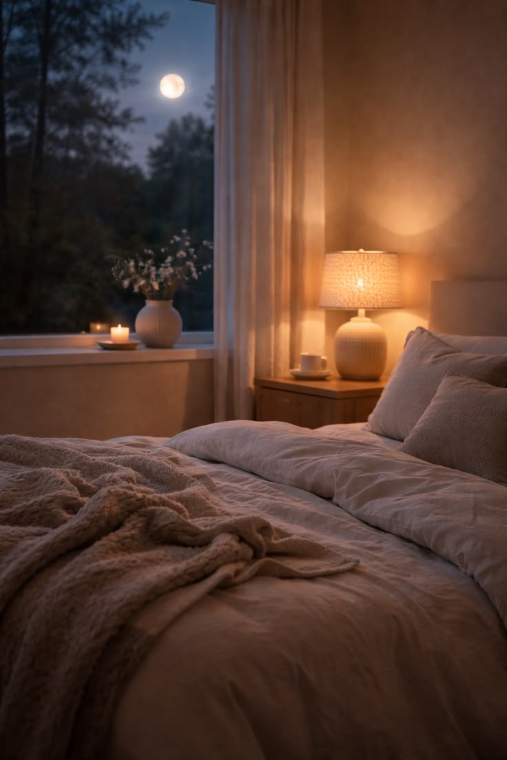 A bedroom prepared with dim lighting and neutral tones for evening relaxation