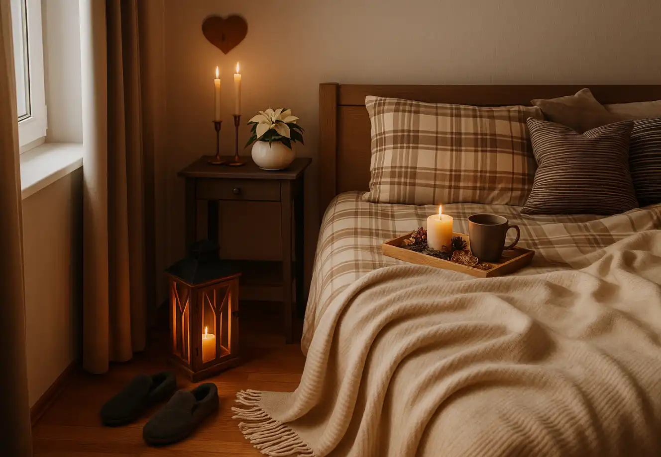 A sleep-ready bedroom with soft lighting, neutral bedding, and minimal visual clutter