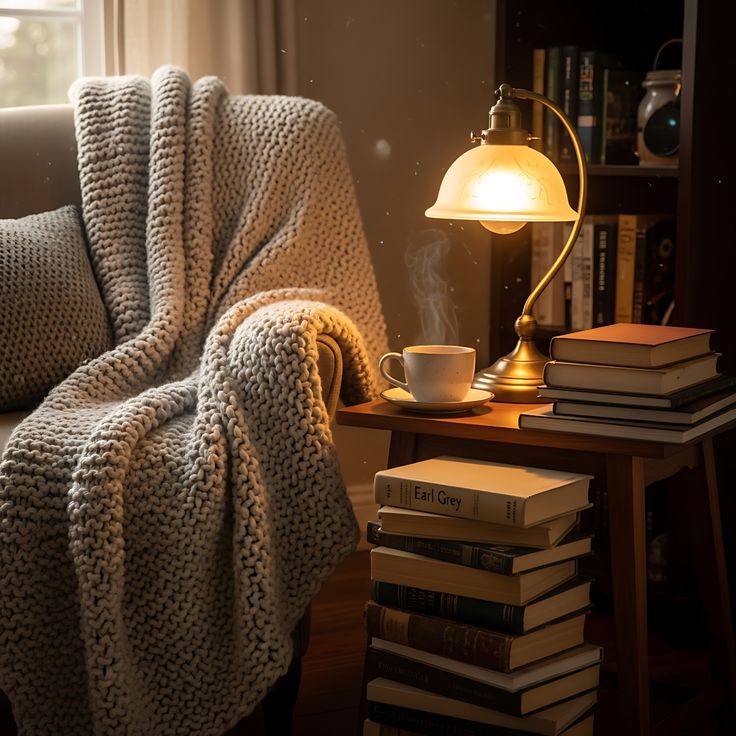 A cozy corner with a reading chair, warm lamp, and tea set arranged for evening relaxation